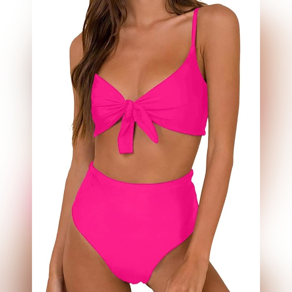 NIP. Vibrant Pink Tie-Front Highwaisted Bikini Set